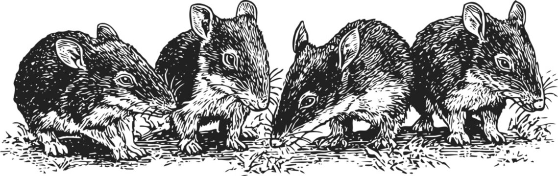 Four black rats eating scattered grains in a natural setting, detailed vintage ink illustration