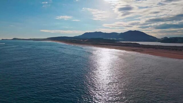 Aerial view of Liencres beach and Costa Quebrada rugged coastline in Cantabria, Spain