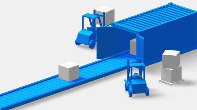 Automated forklifts transporting white boxes along a blue conveyor belt for efficient warehouse storage and global distribution in a clean 3d isometric scene