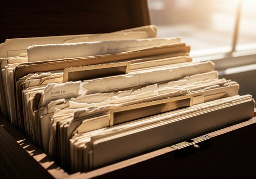 Vintage documents and letters neatly filed in an old wooden box