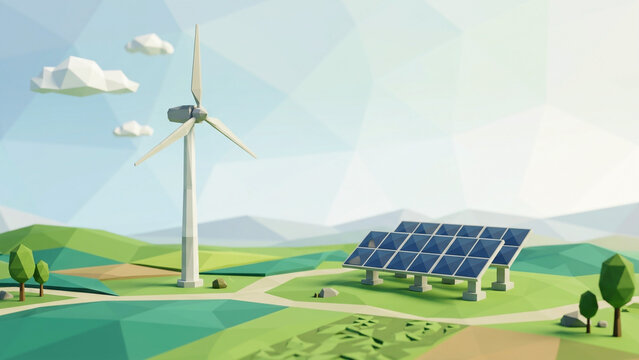 Low Poly Renewable Energy Landscape with Wind Turbine and Solar Panels