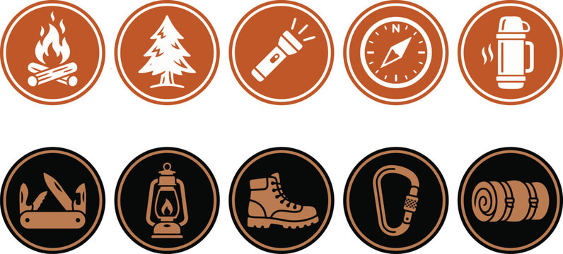 Camping icons set with fire, tree, flashlight, compass, thermos, knife, lantern, boot, carabiner, and sleeping bag isolated on white background, Vector