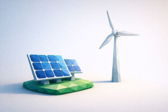 Low Poly Renewable Energy Concept Illustration with Solar Panels and Wind Turbines