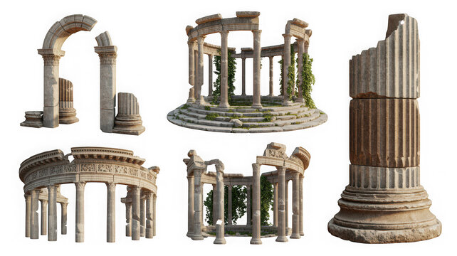 Collage of ancient greek and roman ruined architecture and columns as cut isolated on transparent background
