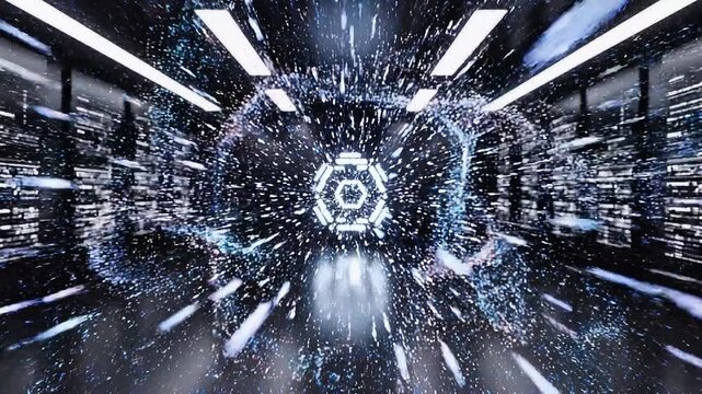 Close-up footage of an abstract light installation featuring numerous illuminated rods radiating outward in a circular pattern, creating a dynamic burst effect in a dimly lit indoor corridor.