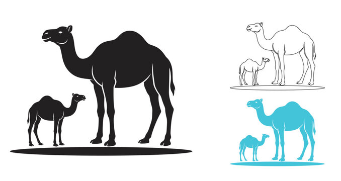 Camel and calf silhouette and outline vector illustrations.