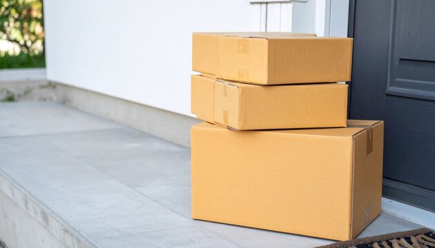 brown cardboard delivery boxes on a doorstep, online shopping logistics