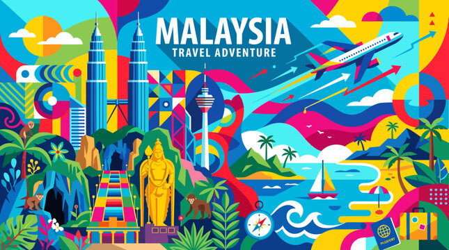 Vibrant flat design illustration of Malaysia's iconic landmarks and natural beauty, featuring the Petronas Towers, KL Tower, Batu Caves, beaches, and an airplane, promoting travel and adventure.