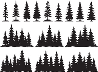 Fototapeta premium Collection of pine tree silhouettes featuring various forest landscapes and individual evergreens designed for creative nature themed graphic art projects