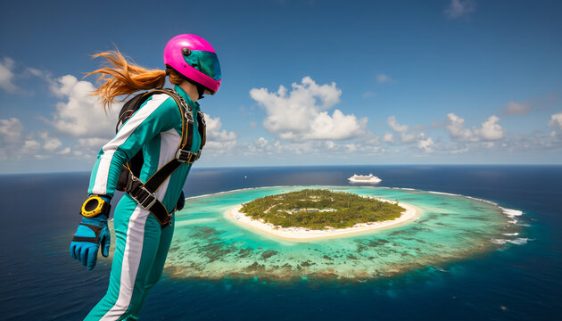 Female skydiver in a teal suit and bright pink helmet freefalling high above a beautiful tropical island and clear turquoise ocean water on a sunny day