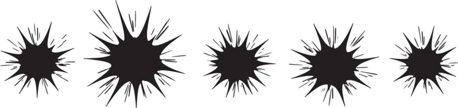 Dynamic black ink splatter explosions in a row, depicting chaotic energy and abstract artistic expression with sharp, jagged edges and varying sizes also transparent background