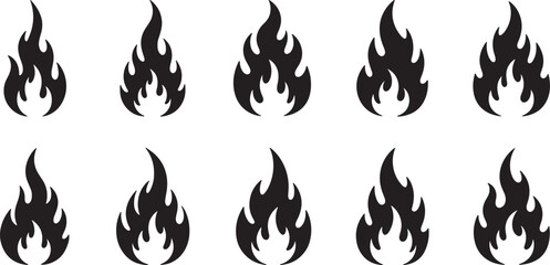 Naklejka premium Collection of ten stylized black flame on a white background, varying slightly in shape and size, representing fire, heat, energy, and danger in a symbolic format also transparent background
