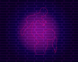 Neon Basketball Dunk Silhouette on Purple Brick Wall, Glowing Urban Sports Artwork with Cyberpunk Athlete Energy and Modern Fitness Vibes Design © AhmadReshad