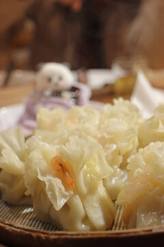 Leshan Glass Shaomai with a shrimp on top served in a restaurant at Leshan, Sichuan Province of China