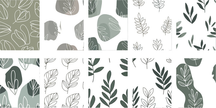 Elegant botanical seamless pattern set featuring delicate leaf line art combined with abstract organic shapes in muted sage green for natural home decor aesthetics