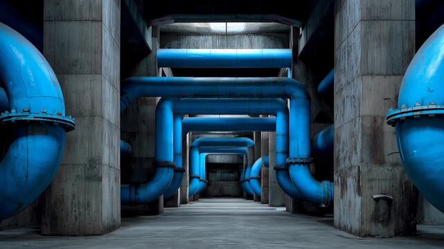 Large blue pipes run through a concrete structure in an underground section, showing the design of industrial plumbing in a facility