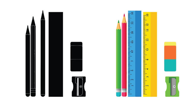 Stationery set with pencils sharpener ruler and eraser on white background