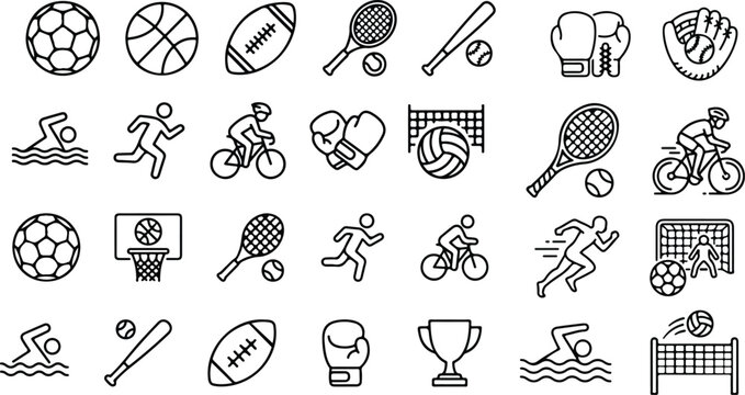 Set of 45 outline icons related to sport. First set. Linear icon collection. Editable stroke. Vector illustration