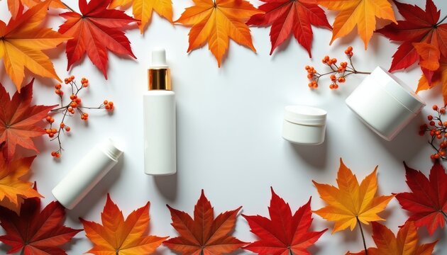 White cosmetic bottles and jars sit among colorful autumn maple leaves and berries. Seasonal beauty products are arranged for fall skincare. Minimalist studio arrangement showcases autumn theme.