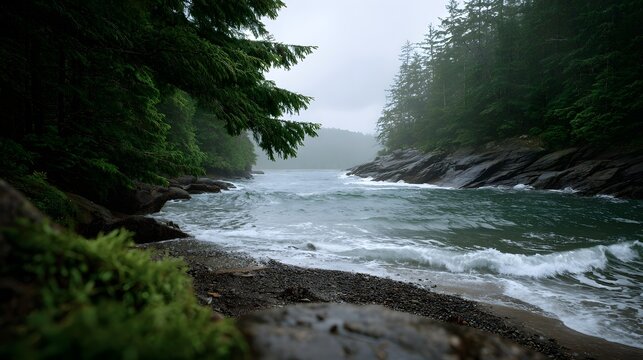 Dense temperate forest framing a misty rugged coastline where waves crash onto a pebble beach under an overcast sky