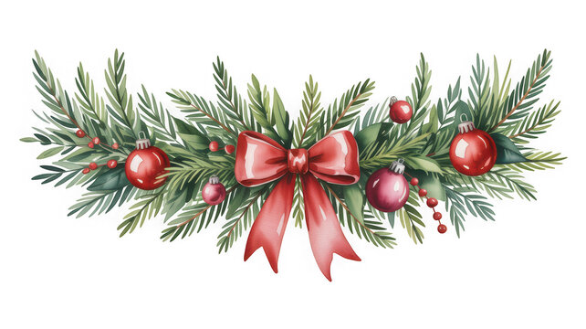 Christmas garland with red bow, ornaments and evergreen branches as cut isolated on transparent background