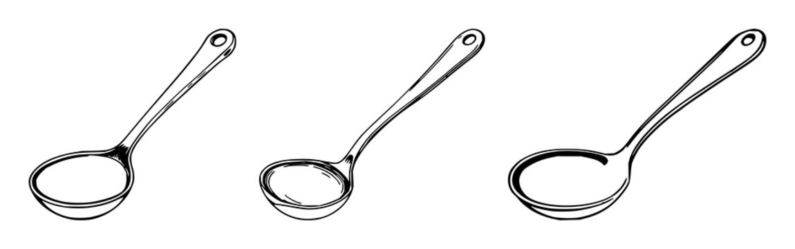Metal soup ladle set with black line art on white background featuring chef utensils, kitchen tools, eating implements with metal, ladle and soup