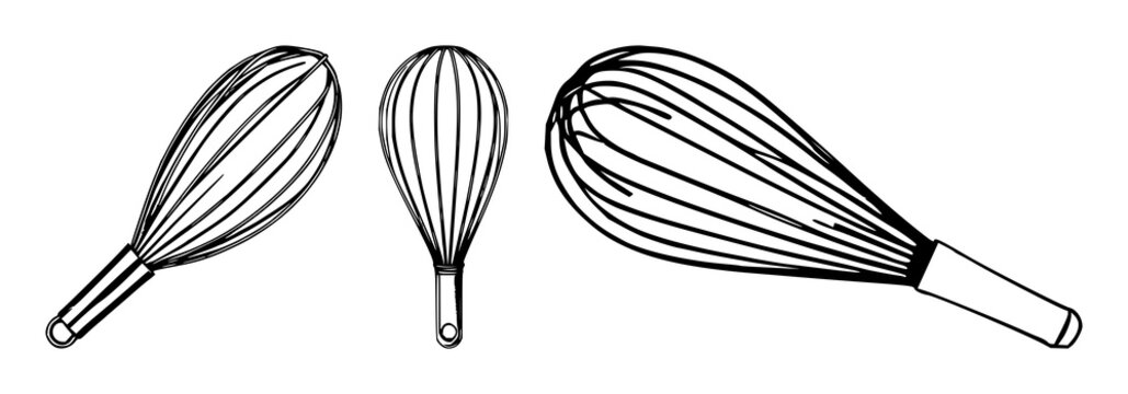 Kitchen whisk set with thin black outline and minimalist design featuring kitchenware, cooking utensils, kitchen tools with baking and chef equipment