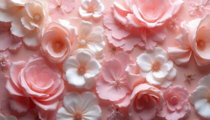 Fototapeta premium Soft pastel pink and cream roses and flowers arranged closely. Delicate petals form a beautiful floral pattern. Ideal for feminine design projects or wedding themes.