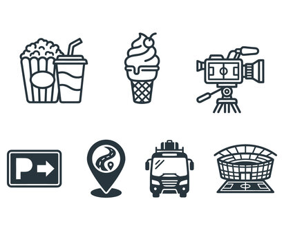 Flat icons set of food, film, travel, and sports