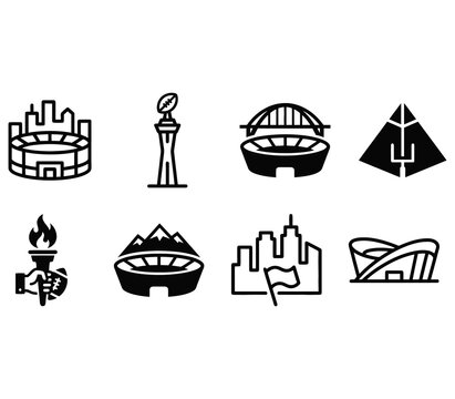 Eight black and white sport and city icons set
