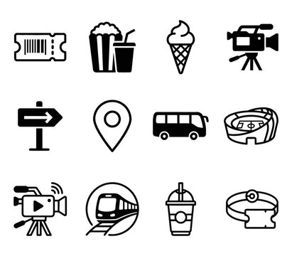 Flat icons set of travel and entertainment symbols