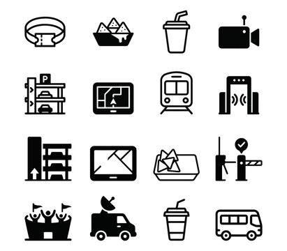 Flat icons set of travel, food, and entertainment