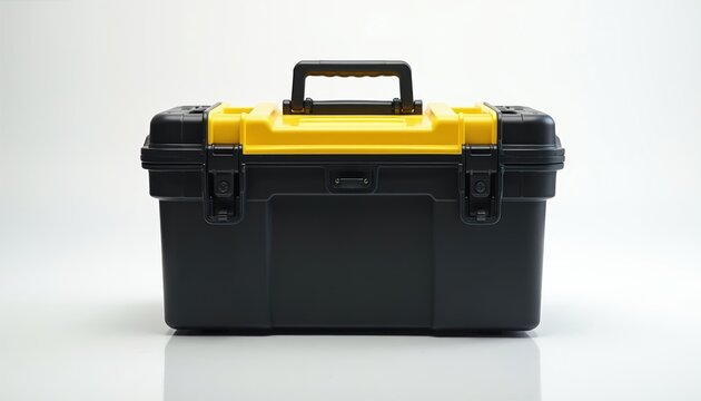 Black and yellow tool box sits closed on a white surface. The container has a strong handle on top for easy carrying. This sturdy box is for organizing and storing tools and equipment.