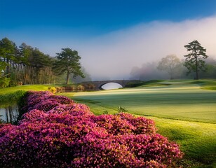 beautiful augusta national golf course hogan bridge azaleas foggy morning golf landscape