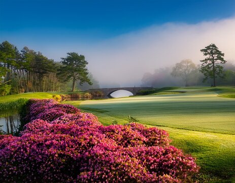beautiful augusta national golf course hogan bridge azaleas foggy morning golf landscape