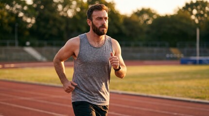 Fototapeta premium A focused bearded man in a gray tank top and black shorts runs along a red athletic track at sunset.