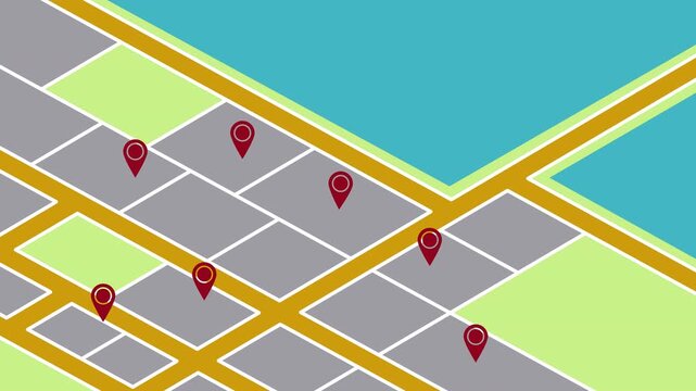 Gps map navigator with red pins for various locations ideal for travel, navigation, technology, and transportation concepts in designs. 4K video