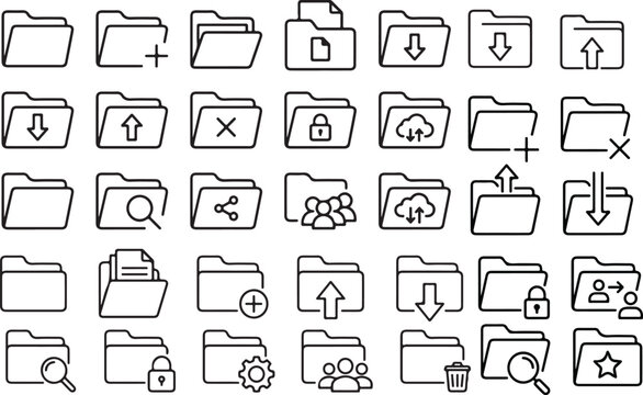 Set of 30 outline icons related to folder. Linear icon collection. Editable stroke. Vector illustration
