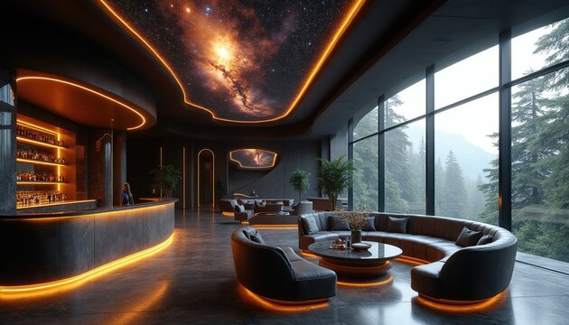 Futuristic lounge bar with modern furniture and galaxy ceiling art. Large windows overlook lush forest. Ambient orange lighting creates cozy atmosphere in this luxury space.