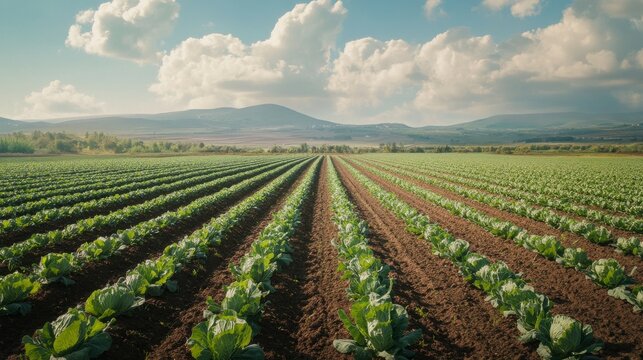Cabbage plantations cover fields with vegetable rows in agricultural land under a cloudy sky during the day