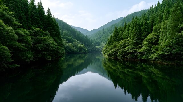 Dense temperate forest lines the banks of a calm river creating a perfect reflection of lush greenery and distant mountain slopes