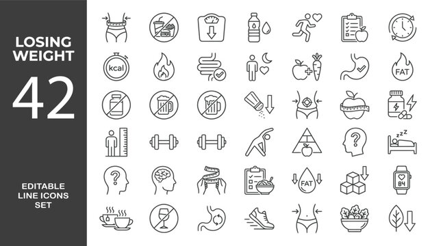 Losing Weight icon set. Editable line icons. Vector illustration.