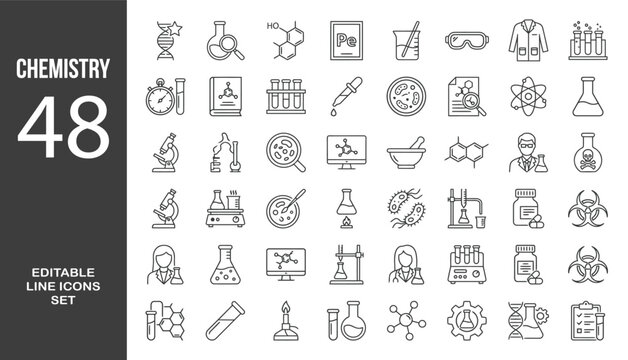Chemistry icon set. Editable line icons. Vector illustration.