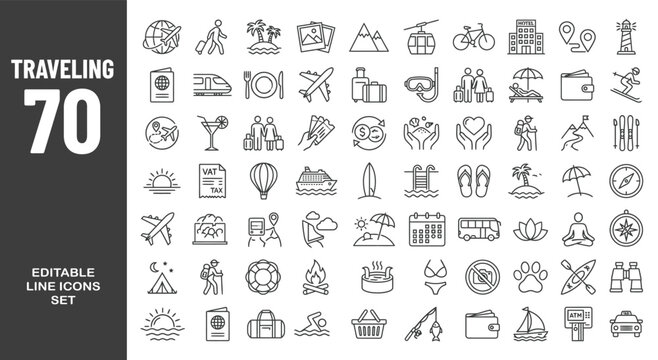 Traveling icon set. Editable line icons. Vector illustration.