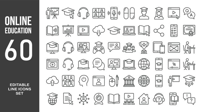 Online education icon set. Editable line icons. Vector illustration.