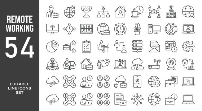 Remote working icon set. Editable line icons. Vector illustration.