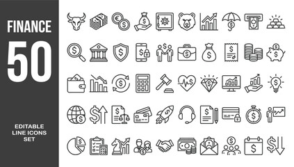 Finance icon set. Money payments related icons: cash, bank, loan, budget, fund, earning, profit, business, wallet and more. Editable line icons. Vector illustration. © Minara