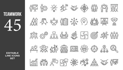 Teamwork icon set. Business related line icons: meeting, cooperation, support, collaboration, partnership, society, workshop, work group, human resource and more. Editable stroke. Vector illustration. © Minara