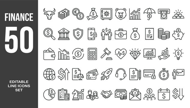 Finance icon set. Money payments related icons: cash, bank, loan, budget, fund, earning, profit, business, wallet and more. Editable line icons. Vector illustration.