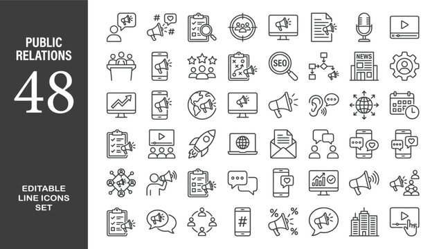 Public Relations icon set. Editable line icons. Vector illustration.